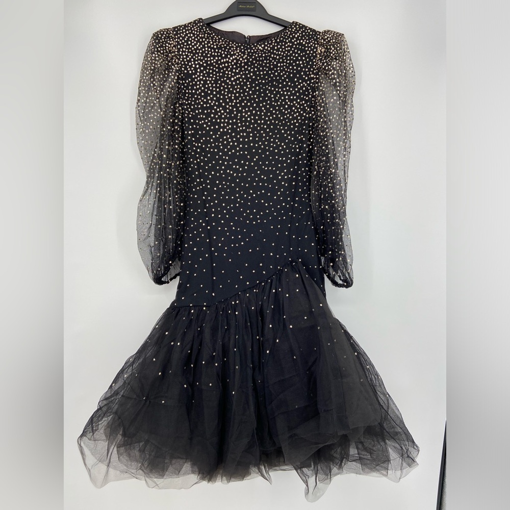 Travilla Vintage 80’s Black Tulle and Gold sparkle‎ dress, Long Sleeve, Size 10